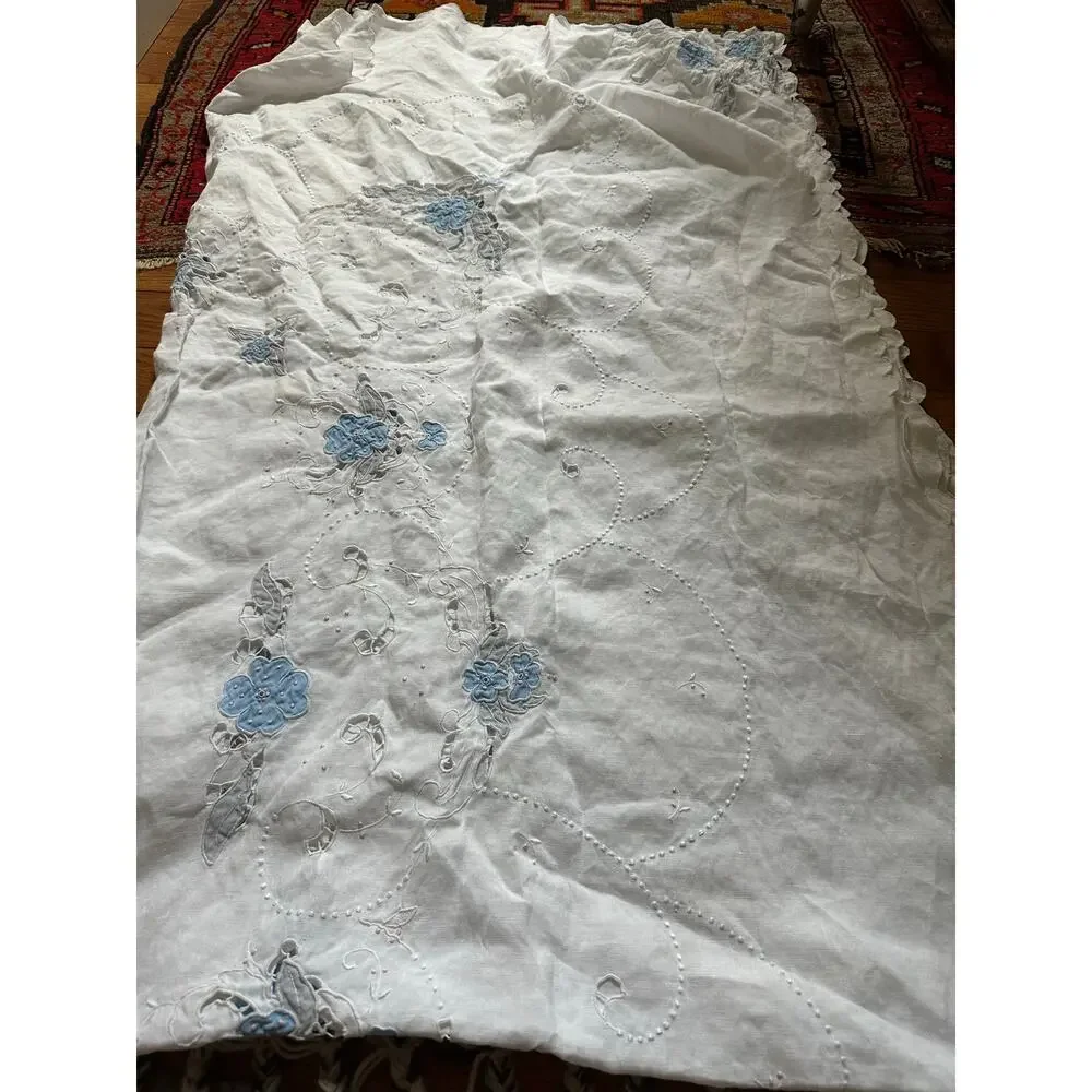 Vintage Hand Embroidered Tablecloth White floral blue linen cut out 98x58”